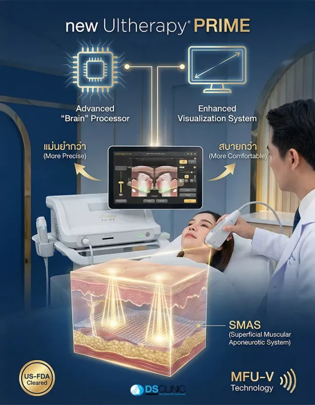 อินโฟกราฟิกอธิบาย Ultherapy Prime คืออะไร โดยใช้เทคโนโลยี MFU-V ส่งพลังงานลงลึกถึงชั้น SMAS มีระบบประมวลผล Advanced Brain Processor และหน้าจอแสดงผลที่แม่นยำกว่าเดิม