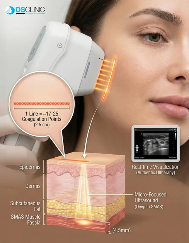 1 Line ของ Ultherapy คือจุดพลังงาน 17 ถึง 25 จุด