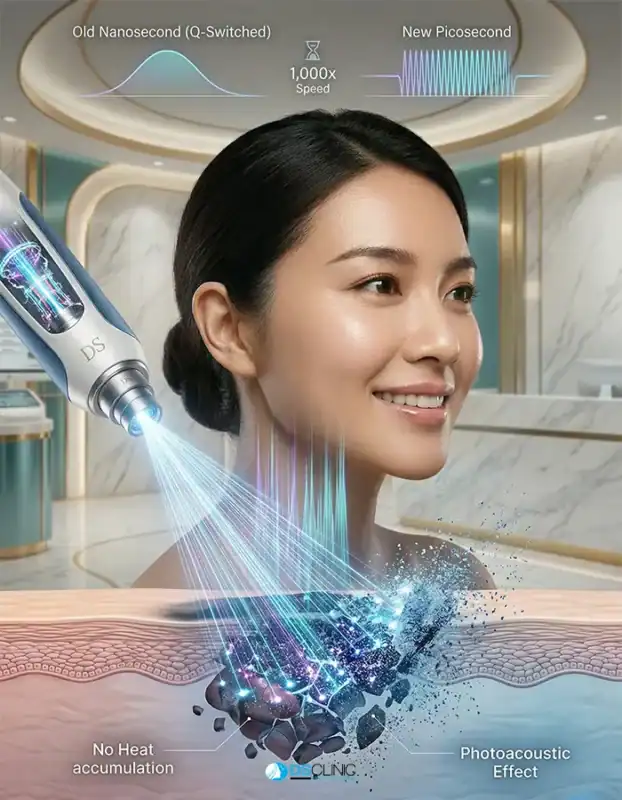 กราฟิกแสดงการทำงานของ Pico Laser เปรียบเทียบกับ Q-Switched และการใช้พลังงาน Photoacoustic Effect แตกตัวเม็ดสีโดยไม่สะสมความร้อน