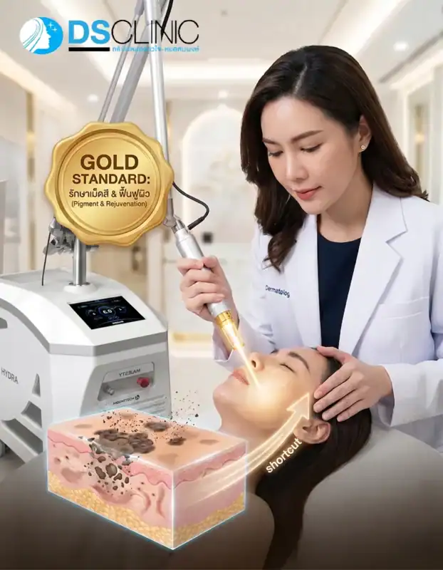 ภาพจำลองกลไก Pico Laser ที่ช่วยรักษาเม็ดสีและฟื้นฟูผิวแบบ Gold Standard พร้อมภาพประกอบชั้นผิวที่มีรอยดำจางลง