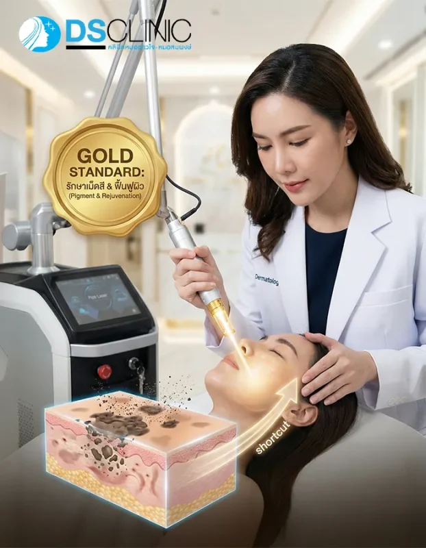 ภาพจำลองกลไก Pico Laser ที่ช่วยรักษาเม็ดสีและฟื้นฟูผิวแบบ Gold Standard พร้อมภาพประกอบชั้นผิวที่มีรอยดำจางลง