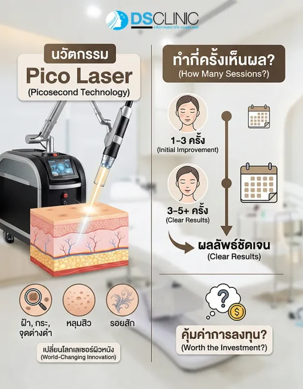 กราฟิกอธิบายจำนวนครั้งในการทำ Pico Laser โดยเริ่มเห็นผลเบื้องต้นที่ 1-3 ครั้ง และเห็นผลชัดเจนที่ 3-5 ครั้งขึ้นไป