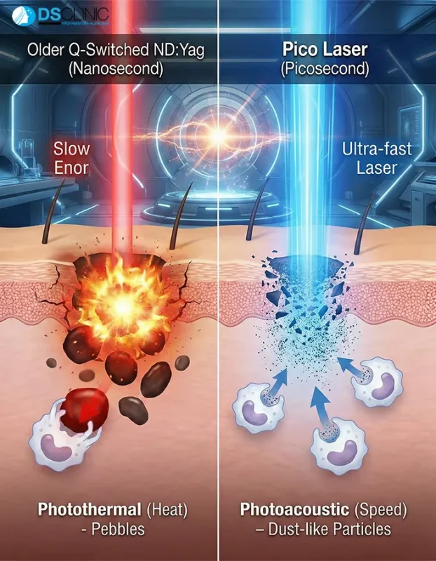 เปรียบเทียบความแตกต่างระหว่าง Q-Switched ที่ใช้ความร้อนทำให้เม็ดสีเป็นก้อนกรวด กับ Pico Laser ที่ใช้แรงกระแทกความเร็วสูงทำให้เม็ดสีแตกละเอียดเป็นฝุ่น