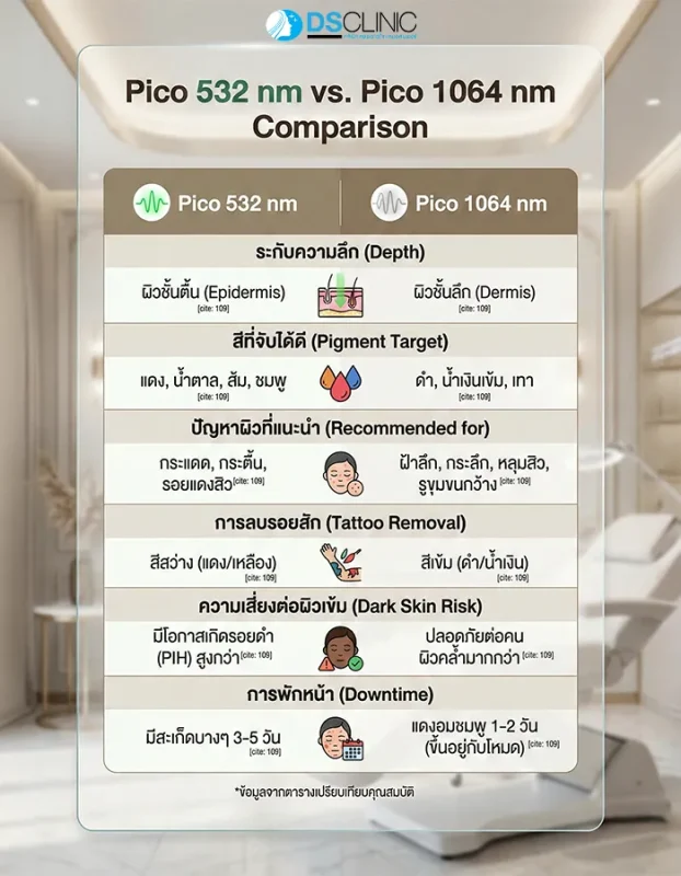 ตารางสรุปข้อแตกต่างระหว่าง Pico 532nm และ 1064nm