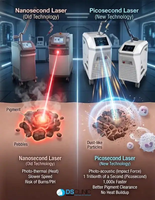 กราฟิกเปรียบเทียบเทคโนโลยี Nanosecond Laser กับ Picosecond Laser ในการสลายเม็ดสีฝ้า