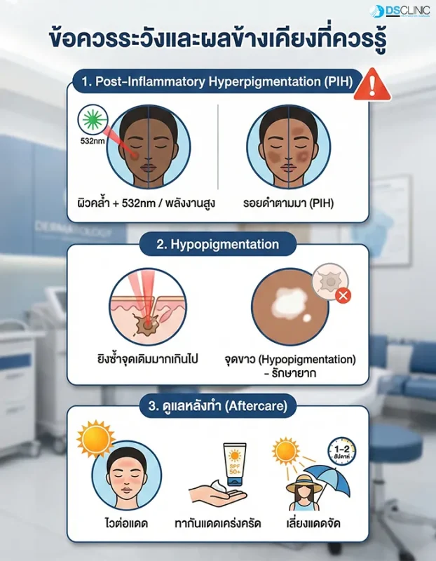 ข้อควรระวังหลังทำ Pico Laser เช่น การเกิดรอยดำ (PIH) รอยขาว (Hypopigmentation) และการดูแลผิวด้วยครีมกันแดด