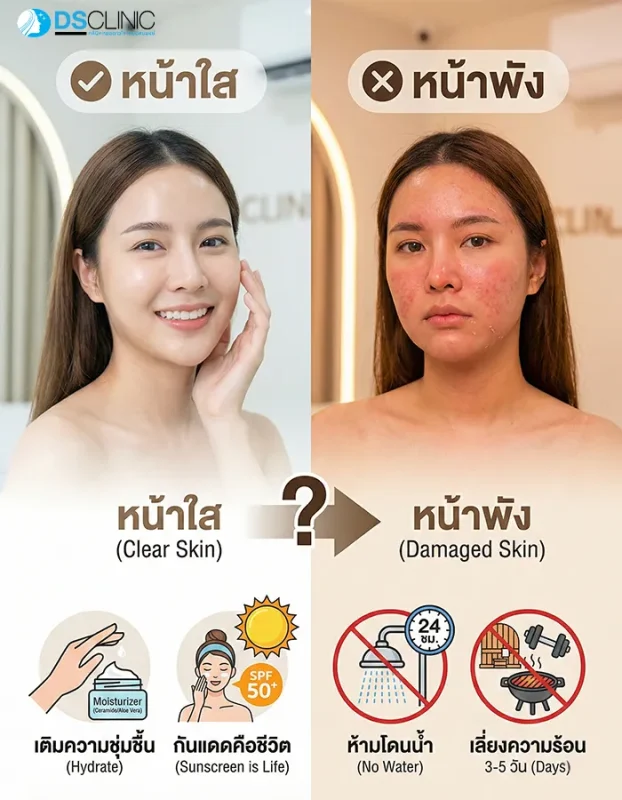 คำแนะนำการดูแลหลังทำเลเซอร์เพื่อหน้าใส เปรียบเทียบระหว่างการทามอยส์เจอไรเซอร์กันแดด กับข้อห้ามอย่างการโดนน้ำและที่ร้อนในช่วง 3-5 วันแรก
