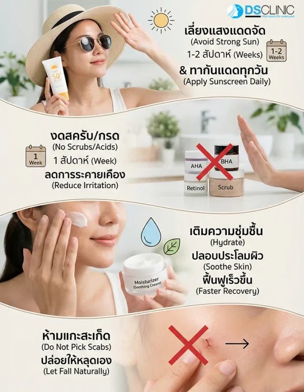 คำแนะนำการดูแลผิวหลังทำ Pico Laser ได้แก่ เลี่ยงแดดจัด 1-2 สัปดาห์ งดสครับผิว เติมความชุ่มชื้น และห้ามแกะสะเก็ด