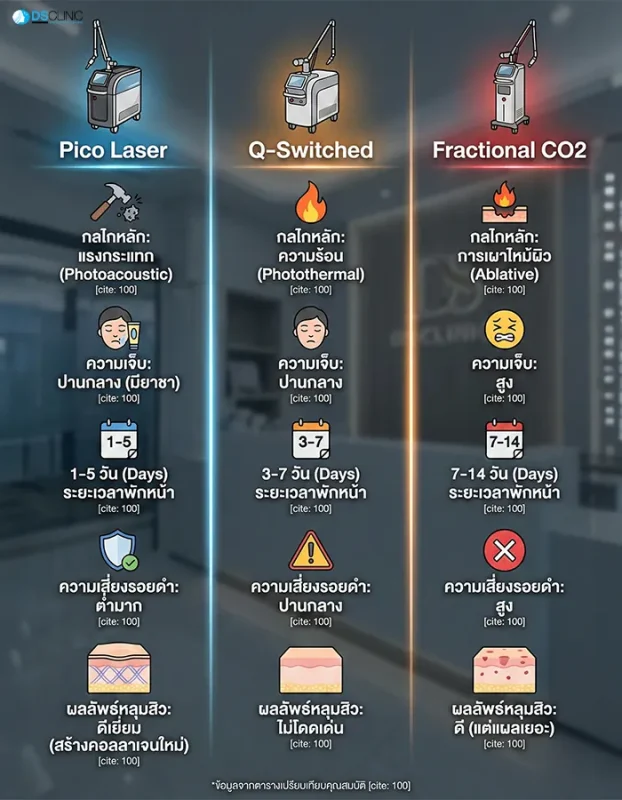 ตารางเปรียบเทียบ Pico Laser, Q-Switched และ Fractional CO2 ในด้านกลไก ความเจ็บ ระยะเวลาพักหน้า และผลลัพธ์การรักษาหลุมสิว