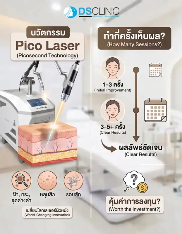 กราฟิกอธิบายจำนวนครั้งในการทำ Pico Laser โดยเริ่มเห็นผลเบื้องต้นที่ 1-3 ครั้ง และเห็นผลชัดเจนที่ 3-5 ครั้งขึ้นไป