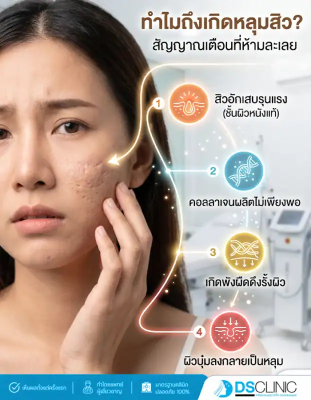 ขั้นตอนการเกิดหลุมสิวจากสิวอักเสบและการทำลายคอลลาเจนใต้ชั้นผิวจนเกิดพังผืด