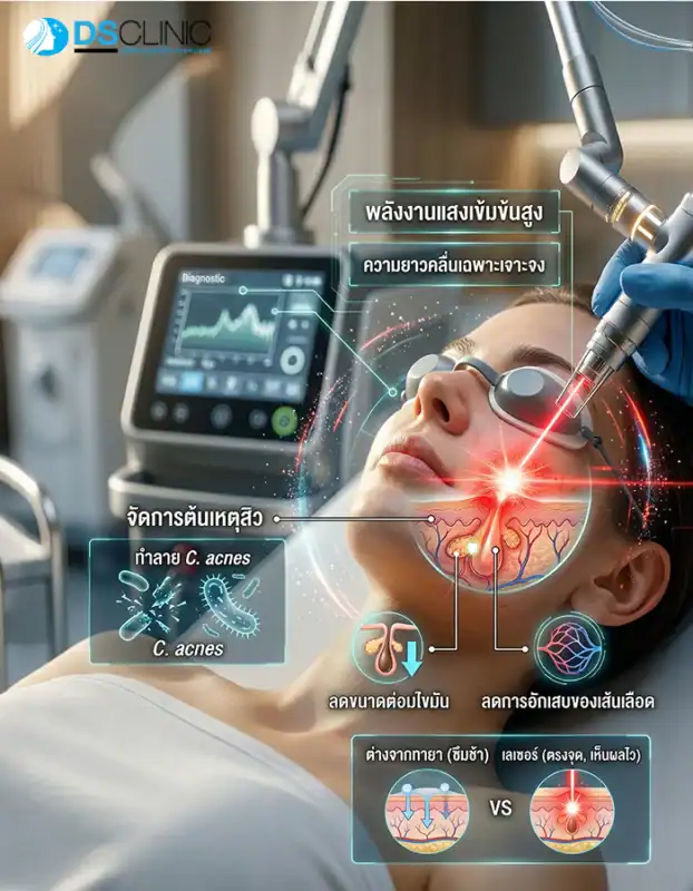 การรักษาสิวด้วยเลเซอร์ทำงานอย่างไร? อธิบายกลไกการใช้พลังงานแสงทำลายเชื้อแบคทีเรีย C. acnes และลดการทำงานของต่อมไขมัน