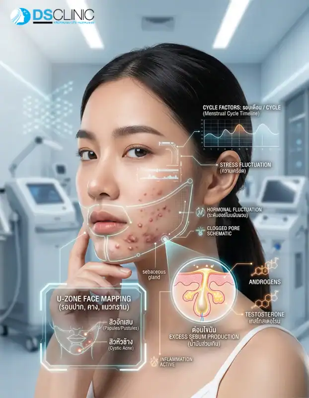 สิวฮอร์โมนคืออะไร? แสดงตำแหน่ง U-Zone รอบปากและคาง พร้อมกลไกการผลิตน้ำมันส่วนเกินจากฮอร์โมนเทสโทสเตอโรน