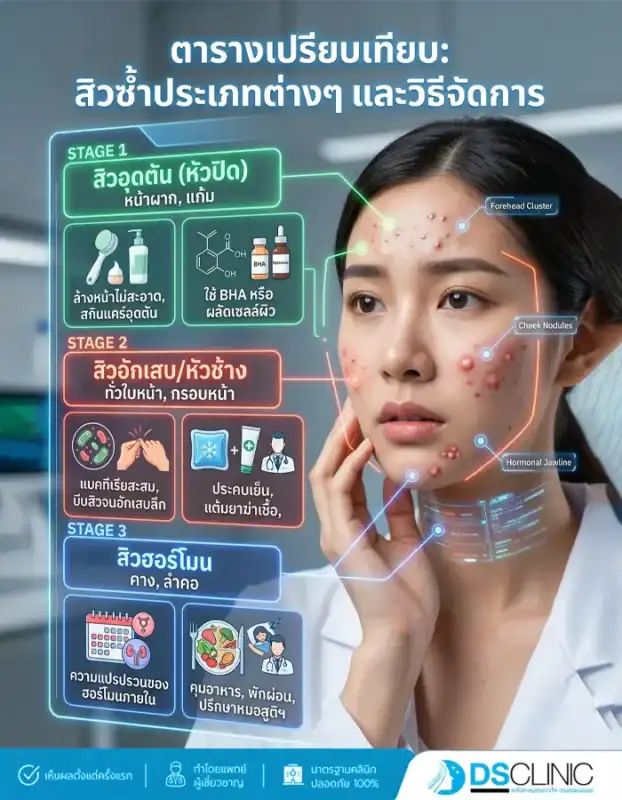 ตารางเปรียบเทียบสิว 3 ระยะ ได้แก่ สิวอุดตัน สิวอักเสบ และสิวฮอร์โมน พร้อมวิธีดูแลรักษาและการใช้สารสกัด BHA หรือยาแต้มสิวที่เหมาะสม
