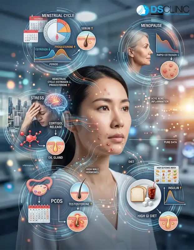 ภาพแสดงการเชื่อมโยงระหว่างฮอร์โมนและปัญหาผิวหน้า.