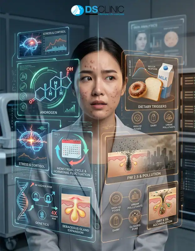 วิเคราะห์สาเหตุการเกิดสิวจากปัจจัยภายใน เช่น ฮอร์โมน พันธุกรรม และปัจจัยภายนอก เช่น อาหาร มลภาวะ PM 2.5