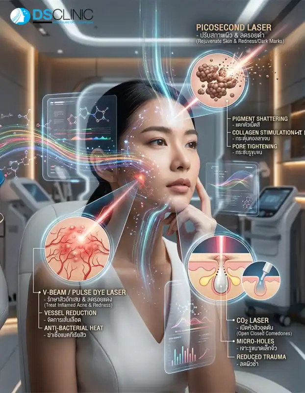 ประเภทเลเซอร์รักษาสิวยอดนิยม เช่น Pico Laser, Dual Yellow และ V-Beam ที่ช่วยลดการอักเสบและกำจัดรอยสิวได้ตรงจุด