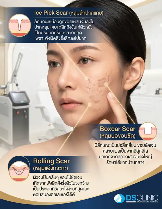 การจำแนกประเภทหลุมสิว 3 แบบ ได้แก่ หลุมลึกปากแคบ หลุมบ่อขอบชัด และหลุมแอ่งกระทะ