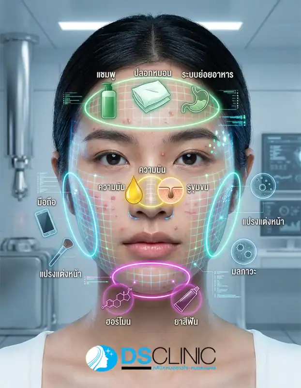 แผนผัง Acne Face Mapping วิเคราะห์ตำแหน่งสิวบนใบหน้าที่สัมพันธ์กับสุขภาพและพฤติกรรม เช่น ปลอกหมอน ระบบย่อยอาหาร และฮอร์โมน