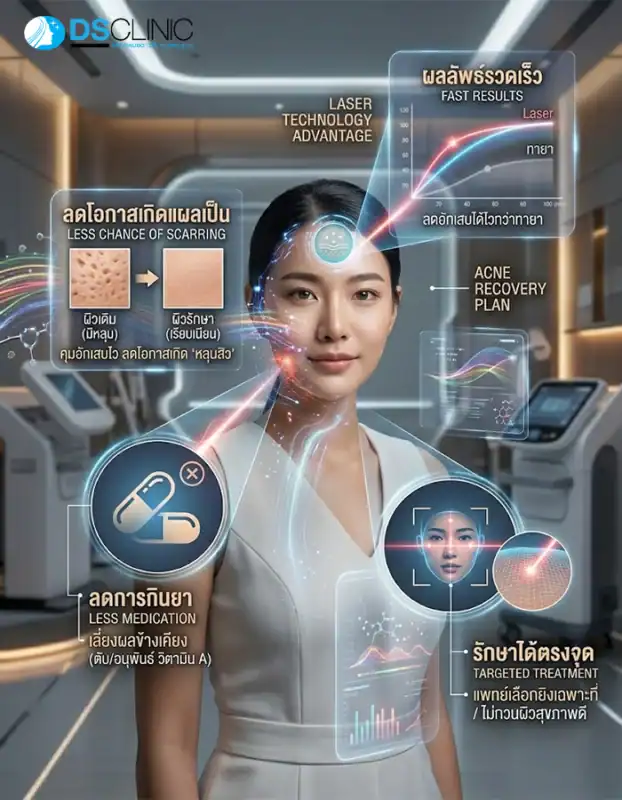 ข้อดีของการเลเซอร์รักษาสิว เช่น ช่วยให้สิวแห้งไว ลดการเกิดสิวใหม่ กระตุ้นคอลลาเจน และลดรอยแดงรอยดำอย่างเห็นผล