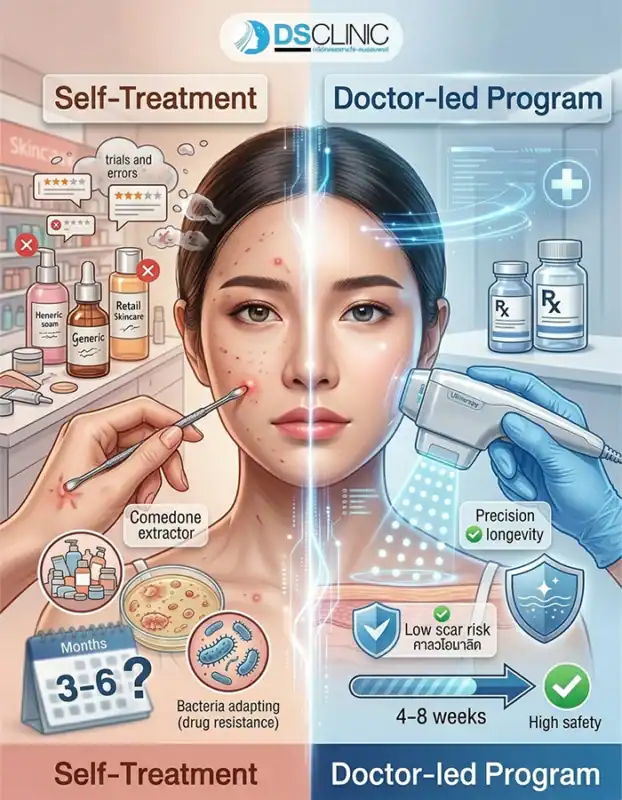 ตารางเปรียบเทียบความแตกต่างระหว่างการรักษาสิวเอง VS การเข้าโปรแกรมรักษาสิวกับแพทย์ ในด้านผลลัพธ์และความปลอดภัย