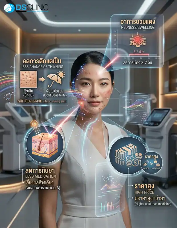 ผลข้างเคียงที่อาจเกิดขึ้นหลังเลเซอร์รักษาสิว เช่น อาการผิวแดงชั่วคราว ผิวแห้ง หรือไวต่อแดด พร้อมวิธีป้องกัน