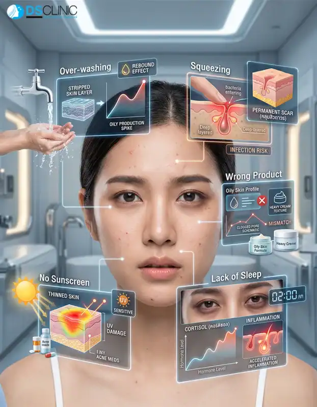 5 พฤติกรรมต้องห้ามที่ทำให้สิวเห่อ เช่น การบีบสิว การล้างหน้าบ่อยเกินไป และการพักผ่อนไม่เพียงพอ