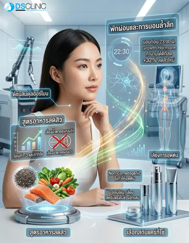วิธีปรับพฤติกรรมเพื่อหยุดวงจรสิวฮอร์โมน เช่น การนอนก่อน 23.00 น. การทานอาหารสูตรลดสิว และการเลือกสกินแคร์ Non-Comedogenic