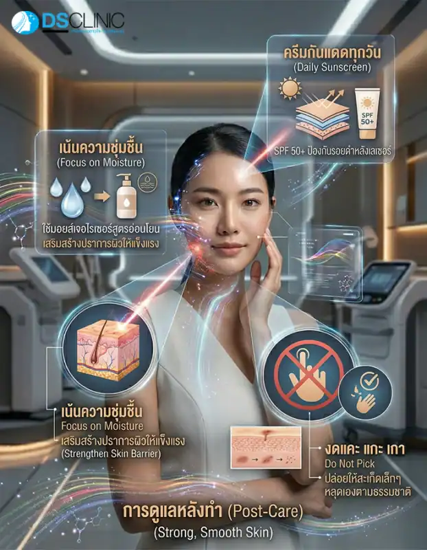 วิธีดูแลตัวเองหลังรักษาสิวด้วยเลเซอร์ เช่น การทากันแดดสม่ำเสมอ การเติมความชุ่มชื้น และเลี่ยงการสครับผิว