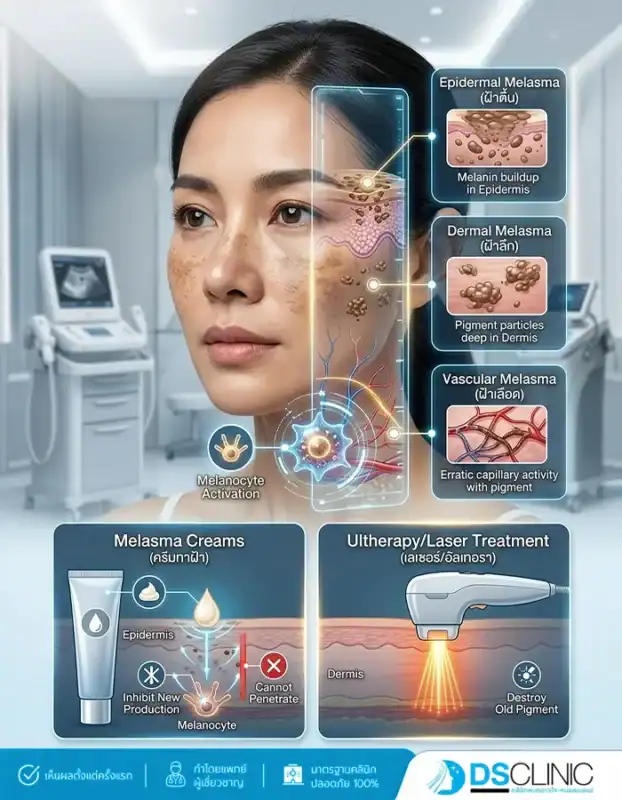 แผนภาพแสดงประเภทของฝ้า 3 แบบ ได้แก่ ฝ้าตื้น (Epidermal), ฝ้าลึก (Dermal) และฝ้าเลือด (Vascular) พร้อมเปรียบเทียบกลไกการทำงานของครีมทาฝ้าที่ช่วยยับยั้งการผลิตเม็ดสีใหม่ในชั้นผิวชั้นนอก และเลเซอร์ที่สามารถยิงพลังงานลงลึกเพื่อทำลายเม็ดสีเก่าในชั้นผิวแท้