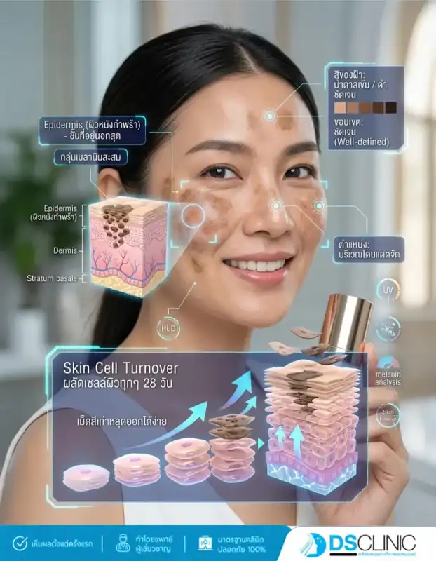 ภาพจำลองกลไกการผลัดเซลล์ผิวทุก 28 วัน (Skin Cell Turnover) แสดงการสะสมของเม็ดสีเมลานินในชั้นหนังกำพร้า (Epidermis) และกระบวนการที่เม็ดสีเก่าหลุดออกเมื่อมีการผลัดเซลล์ผิวตามธรรมชาติ