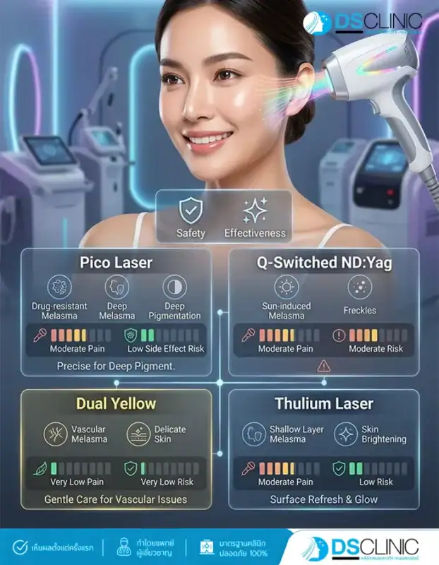 ภาพตารางเปรียบเทียบเทคโนโลยีเลเซอร์รักษาฝ้า 4 ประเภทที่ DS Clinic: Pico Laser, Q-Switched ND:Yag, Dual Yellow, และ Thulium Laser โดยแสดงความเหมาะสม ระดับความเจ็บ และความเสี่ยงของแต่ละประเภท