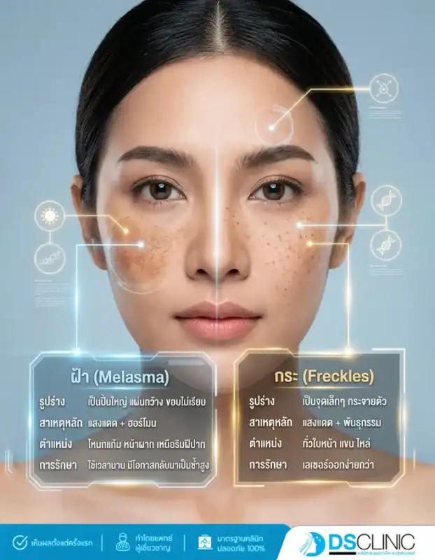 ตารางเปรียบเทียบความแตกต่างระหว่างฝ้า (Melasma) และกระ (Freckles) ในด้านรูปร่าง สาเหตุหลัก ตำแหน่งที่พบบ่อย และวิธีการรักษา