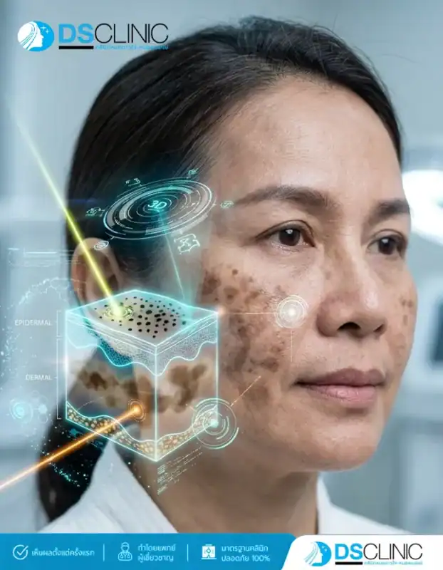 ภาพใบหน้าผู้หญิงที่มีปัญหากระและฝ้าเข้มชัดเจน