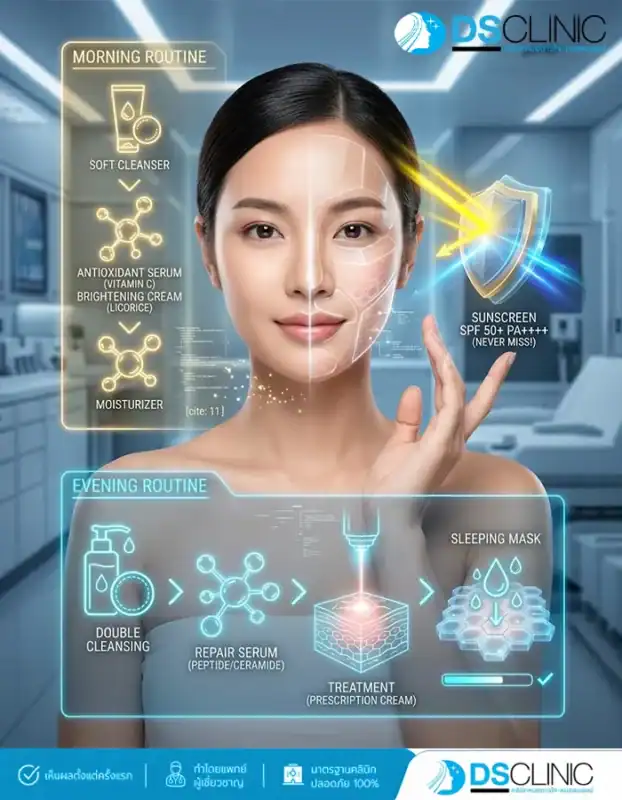 แผนภาพแนะนำขั้นตอนการดูแลผิว (Skincare Routine) ทั้งช่วงเช้าและช่วงเย็น สำหรับผู้ที่มีปัญหาฝ้า โดยเน้นการทำความสะอาด การบำรุงด้วยเซรั่ม และการทาครีมกันแดด SPF 50+ PA++++