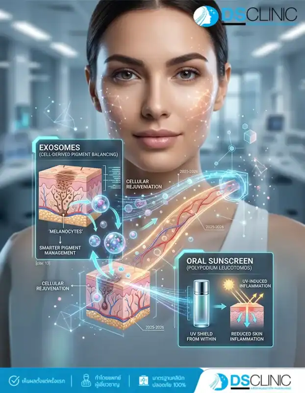 ภาพจำลองนวัตกรรมการดูแลฝ้าในระดับเซลล์ปี 2025-2026 แสดงการทำงานของ Exosomes ในการปรับสมดุลเม็ดสีผิว และการใช้ Oral Sunscreen เพื่อปกป้องผิวและลดการอักเสบจากภายใน