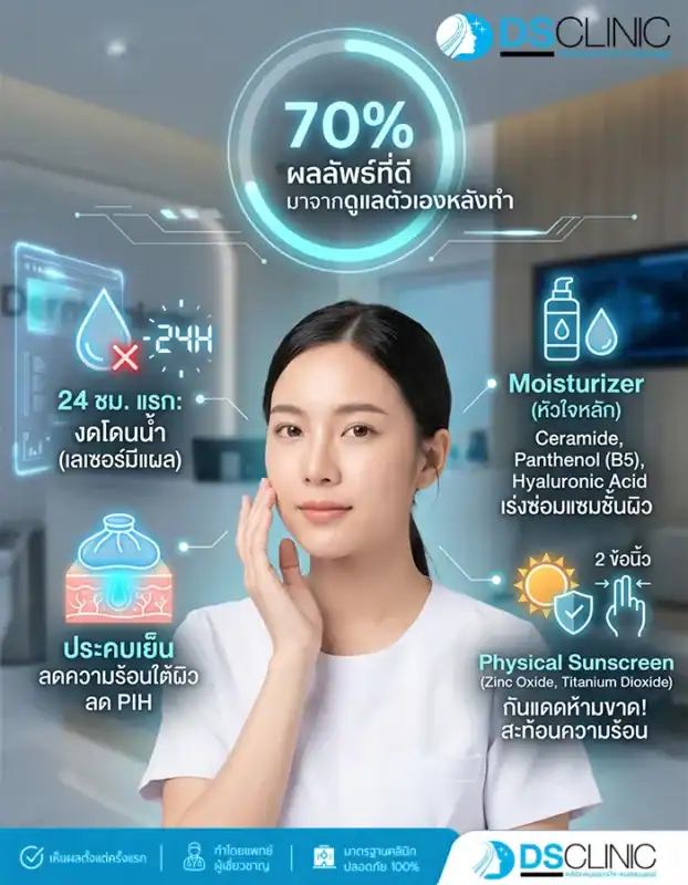 วิธีดูแลผิวหลังเลเซอร์ฝ้า: ผลลัพธ์ 70% มาจากการดูแลตัวเอง, 24 ชม. แรกงดโดนน้ำ, ประคบเย็นลดความร้อน, ทา Moisturizer (Ceramide, Panthenol B5, Hyaluronic Acid), และทา Physical Sunscreen 2 ข้อนิ้วทุกวัน ที่ DS Clinic