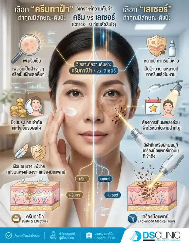 รายการเช็กสเปรย์สำหรับเลือกวิธีรักษาฝ้า โดยแนะนำให้เลือกครีมหากเพิ่งเริ่มเป็นฝ้าจางๆ งบจำกัด หรือผิวบอบบาง และแนะนำให้เลือกเลเซอร์หากเป็นฝ้ามานานหลายปี ทาครีมไม่หาย ต้องการเห็นผลเร่งด่วน หรือเป็นฝ้าลึก