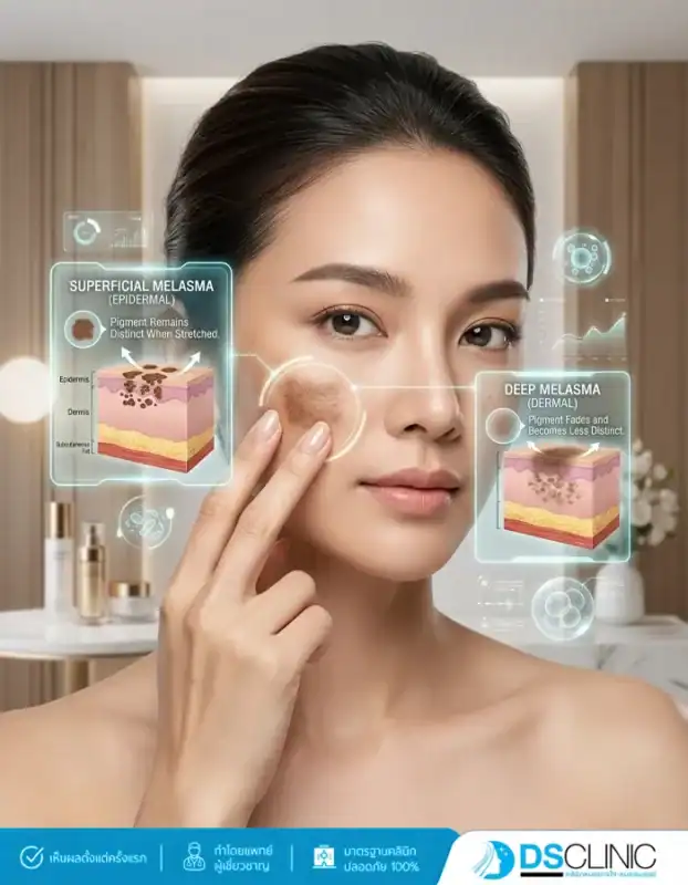 ภาพสาธิตการใช้นิ้วดึงผิวเพื่อแยกประเภทฝ้า ฝ้าตื้น (Superficial) สีจะยังชัดเจนเมื่อดึงผิว ส่วนฝ้าลึก (Deep) สีจะจางลงหรือดูไม่ต่างจากเดิม พร้อมภาพจำลองชั้นผิวประกอบ