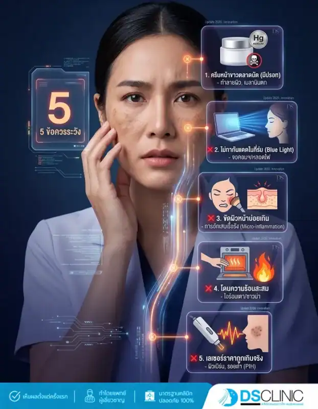 อินโฟกราฟิก "5 ข้อควรระวัง" ได้แก่ 1. ครีมหน้าขาวมีสารปรอท 2. แสง Blue Light จากหน้าจอ 3. การขัดผิวบ่อยเกินไป 4. การโดนความร้อนสะสม และ 5. การทำเลเซอร์ราคาถูกที่ไม่ได้มาตรฐาน