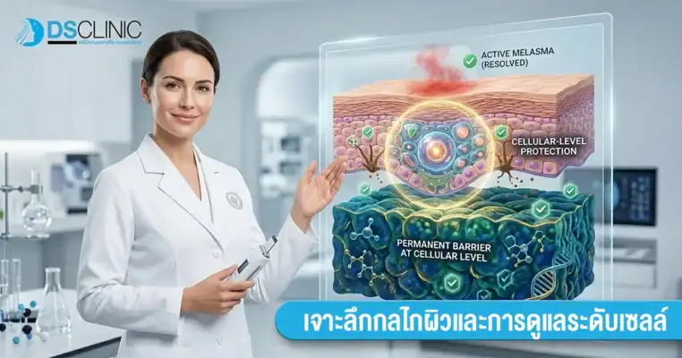 DS Clinic กำลังนำเสนอแผนภาพโครงสร้างชั้นผิวและการปกป้องผิวในระดับเซลล์ เพื่อรักษาและป้องกันการเกิดฝ้าอย่างยั่งยืน