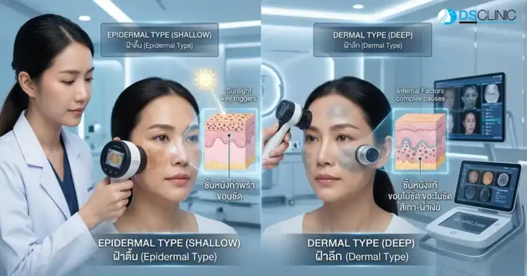 ภาพเปรียบเทียบการตรวจวินิจฉัยฝ้า 2 ประเภท ด้านซ้ายคือฝ้าตื้น (Epidermal Type) ขอบชัด อยู่ในชั้นหนังกำพร้า ด้านขวาคือฝ้าลึก (Dermal Type) ขอบไม่ชัด สีเทาน้ำเงิน อยู่ในชั้นหนังแท้ โดยมีแพทย์ใช้เครื่องมือสแกนผิวหน้าแสดงภาพขยายชั้นผิว