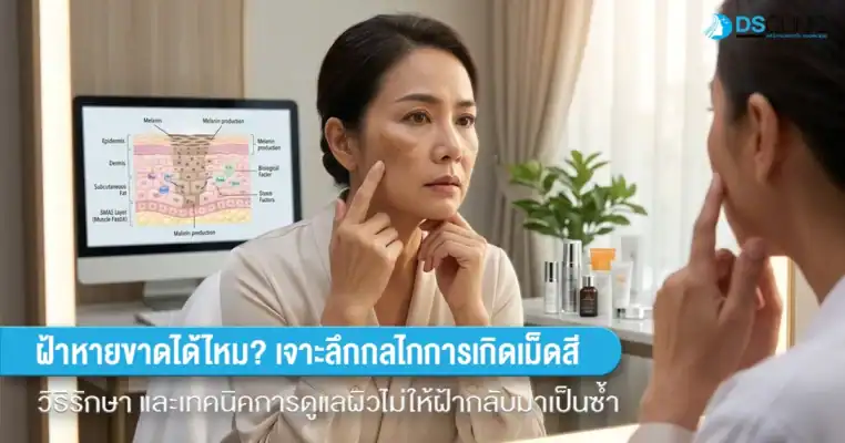 โครงสร้างชั้นผิวหนังและกลไกการเกิดเม็ดสีเมลานินที่เป็นต้นเหตุของฝ้า