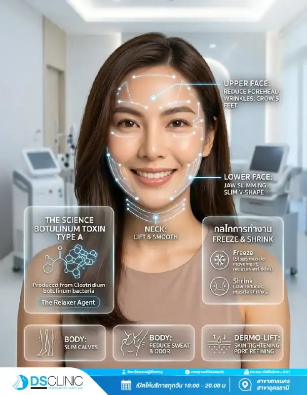 กราฟิกแสดงกลไกการทำงานของ Botulinum Toxin Type A และตำแหน่งการฉีดโบท็อกซ์บนใบหน้าและร่างกาย เช่น ลดริ้วรอย ลดกราม และลดเหงื่อ