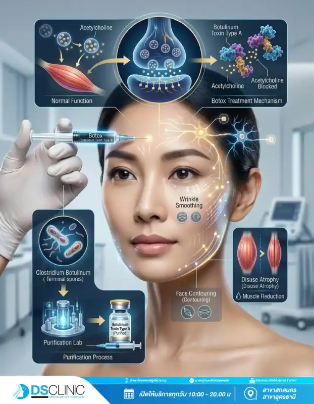 แผนภาพอธิบายกระบวนการสกัดบริสุทธิ์ของสาร Botulinum Toxin Type A และกลไกการทำงานที่เข้าไปบล็อกสารสื่อประสาท Acetylcholine เพื่อช่วยลดเลือนริ้วรอย ปรับรูปหน้า และทำให้กล้ามเนื้อขนาดเล็กลง