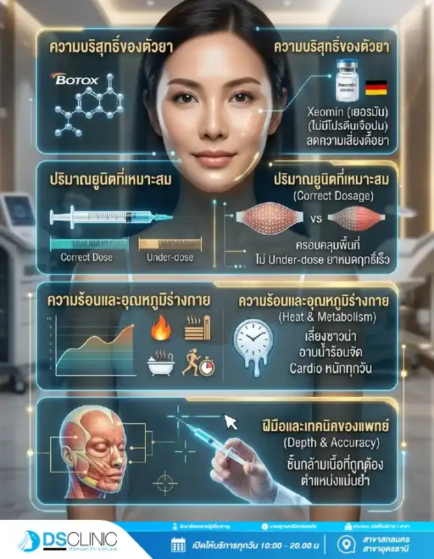 อินโฟกราฟิกอธิบายปัจจัยที่มีผลต่อความคงทนของโบท็อกซ์ ได้แก่ ความบริสุทธิ์ของตัวยา ปริมาณยูนิตที่เหมาะสม ความร้อนและอุณหภูมิร่างกาย รวมถึงฝีมือและเทคนิคความแม่นยำของแพทย์ โดย DS Clinic