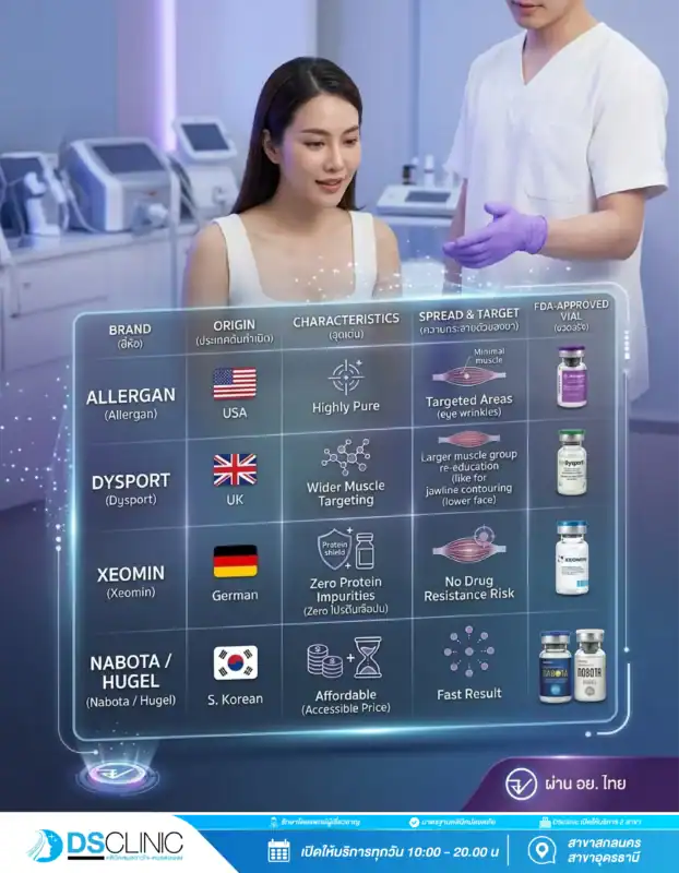 ตารางเปรียบเทียบคุณสมบัติโบท็อกซ์ 4 แบรนด์ที่ผ่าน อย. ไทย ได้แก่ Allergan (สหรัฐฯ), Dysport (อังกฤษ), Xeomin (เยอรมนี) และ Nabota / Hugel (เกาหลีใต้) แยกตามจุดเด่นและการกระจายตัวของยา