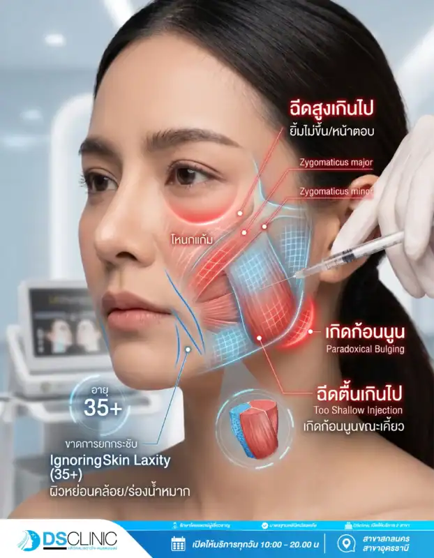 ภาพจำลองผลข้างเคียงจากการฉีดโบท็อกซ์ผิดพลาด เช่น ฉีดสูงเกินไปทำให้ยิ้มไม่ขึ้นหรือหน้าตอบ, ฉีดตื้นเกินไปทำให้เกิดก้อนนูนขณะเคี้ยว (Paradoxical Bulging) และปัญหาผิวหย่อนคล้อย/ร่องน้ำหมากลึกในผู้ที่มีอายุ 35 ปีขึ้นไปหากละเลยการยกกระชับผิว