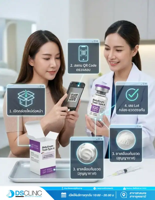 วิธีตรวจสอบโบท็อกซ์แท้ 4 ขั้นตอน โดยแพทย์เปิดกล่องใหม่ต่อหน้า, สแกน QR Code ตรวจสอบ, ตัวยาต้องเคลือบก้นขวดแบบสุญญากาศ และเลข Lot กล่องกับขวดต้องตรงกัน