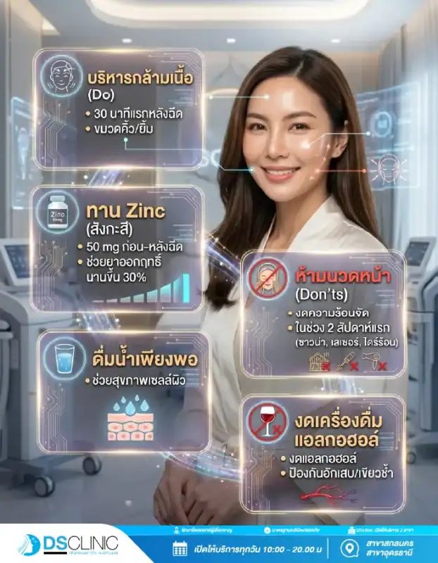 แนะนำข้อปฏิบัติ Do & Don't หลังฉีดโบท็อกซ์เพื่อให้ผลลัพธ์อยู่นานขึ้น เช่น ควรบริหารกล้ามเนื้อ ทานแร่ธาตุ Zinc ดื่มน้ำให้เพียงพอ และงดนวดหน้า งดความร้อนจัด รวมถึงงดเครื่องดื่มแอลกอฮอล์ โดย DS Clinic